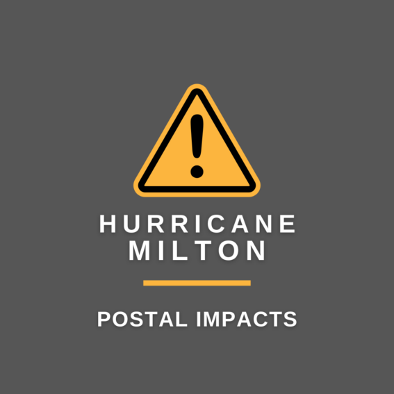 Warning sign for Hurricane Milton, highlighting potential postal impacts. Essential information for MailSmart Logistics regarding bulk mail during the hurricane.