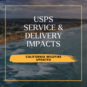 USPS service and delivery impacts due to California wildfires, with an ocean view of affected coastal areas and a clear update header.