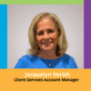 Jacquelyn Verish, smiling, new Client Services Account Manager welcomes to the company. Portrait on a blog introducing the team member.